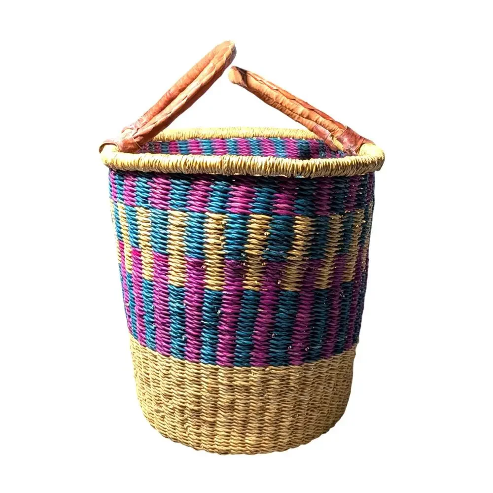 African Bolga Market Basket Large Ghana Tote Handwoven Leather Handles Boho